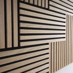 Decoon Plaque murale tasseaux 60 x 30 x 1,9 cm - Lattes chêne clair véritable fond noir 0,18m²