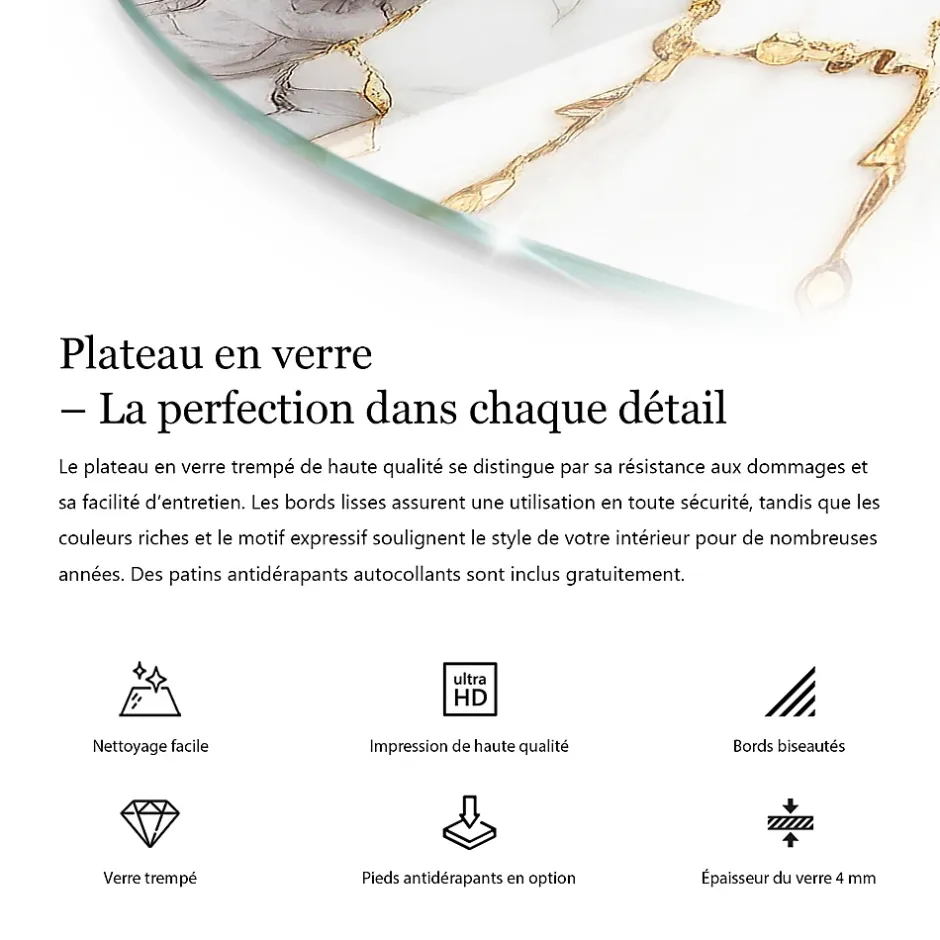 Tulup Plateau en verre trempé fi90 cm Motif marbré avec veines