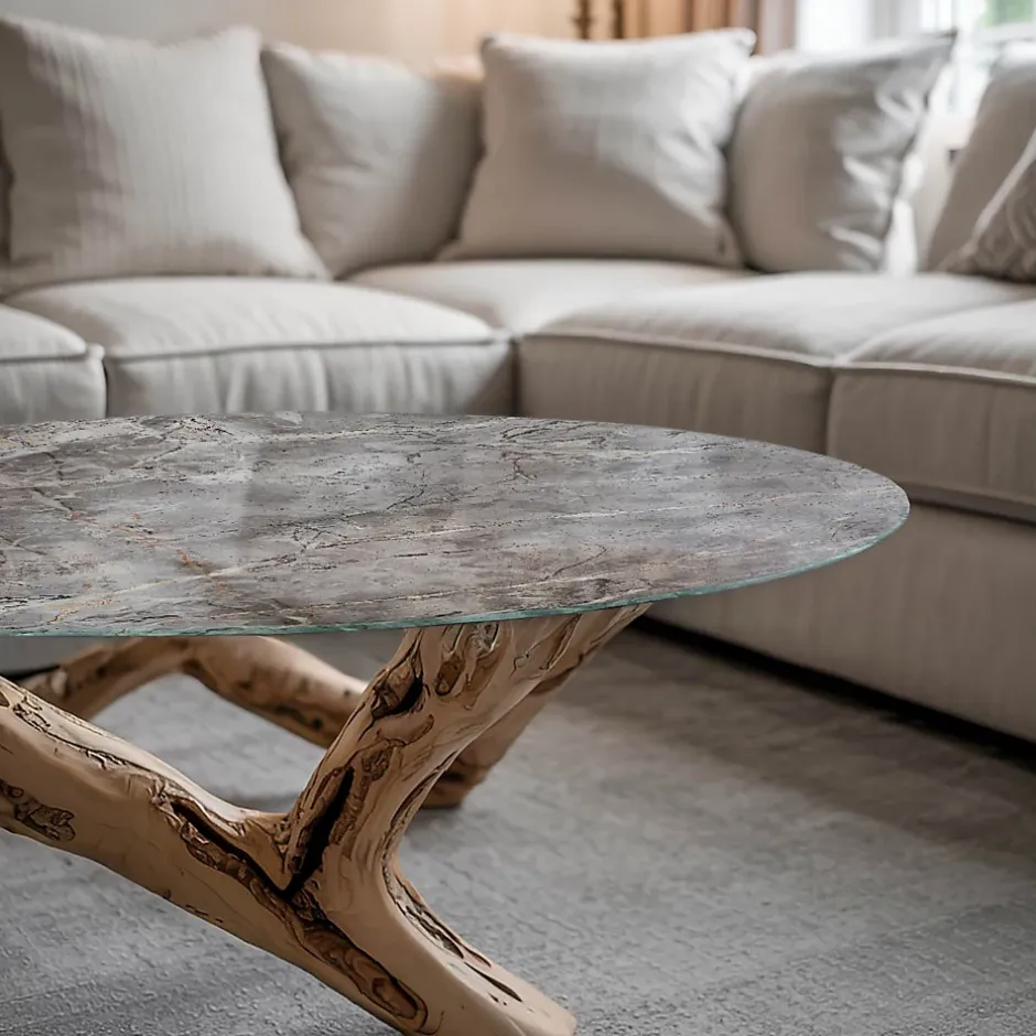 Plateau en verre trempé fi70 cm Motif naturel de marbre-Tulup Online