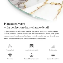 Tulup Plateau en verre trempé fi70 cm Motif naturel du bois