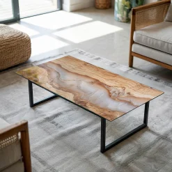 Tulup Plateau en verre trempé 100x50 cm Bois naturel avec résine