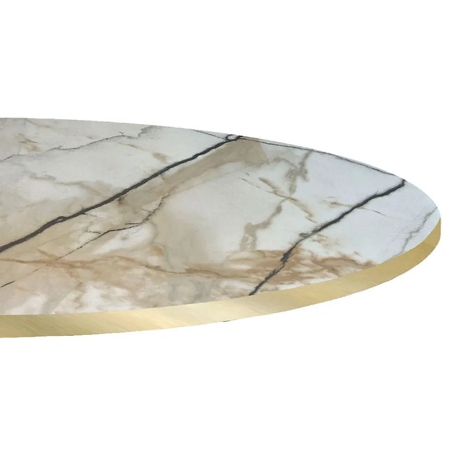 Plateau rond 120cm decor marbre calcuta chants laiton --Restootab Discount