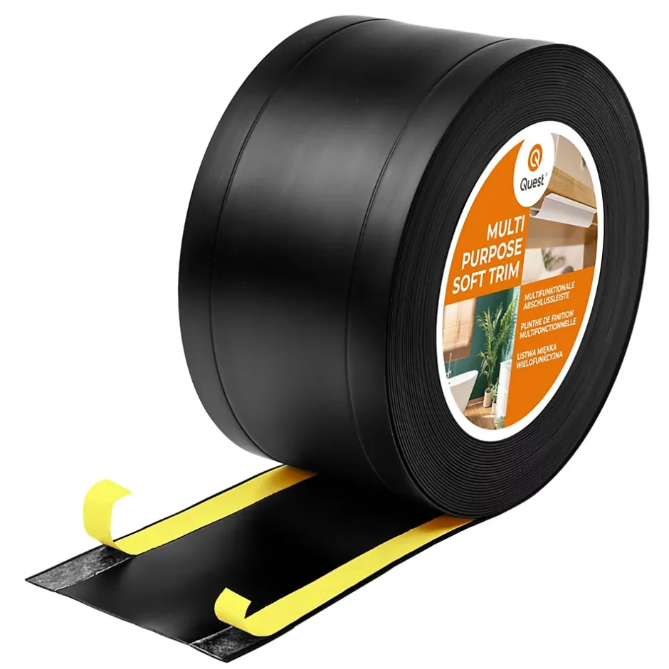 Quest Plinthe de finition W1 en PVC 6,en,1 75 mm, baguette autocollante, masquante, plinthe souple pour sol et mur, noir, 10 m