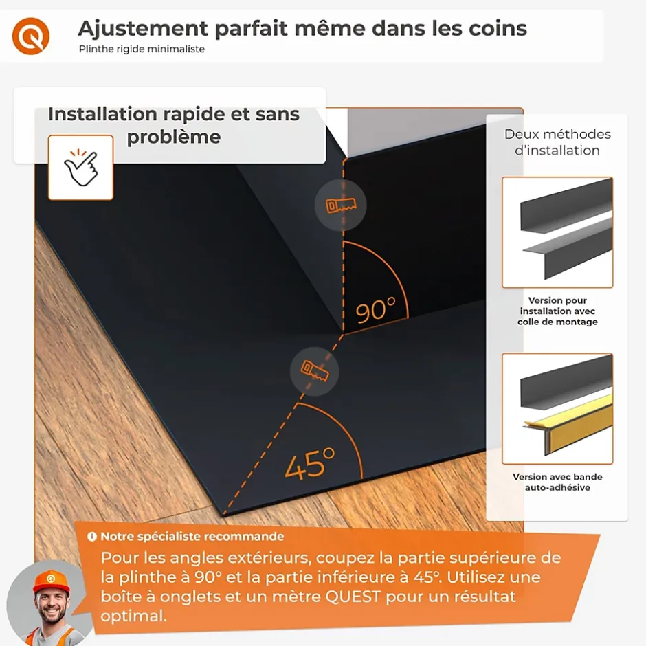 Quest Plinthe PVC rigide 25x25 mm, Plinthe murale décorative, 200 cm, blanc