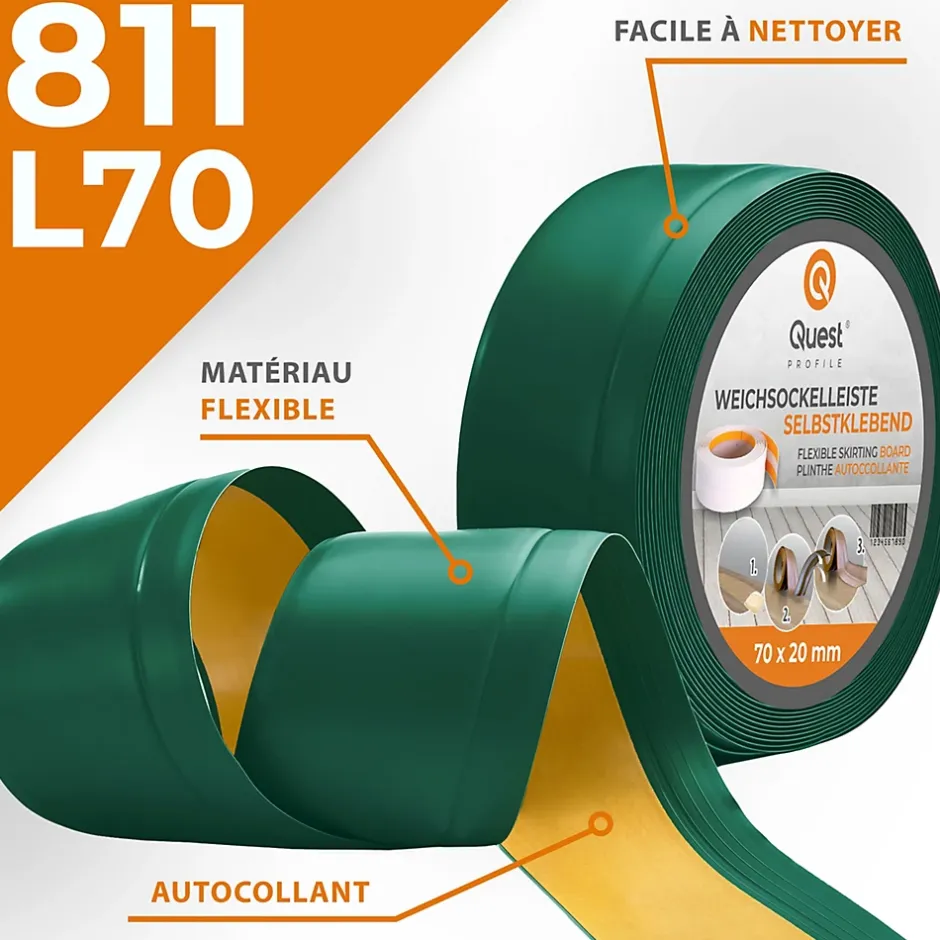 Quest Plinthe Souple Auto-Adhésive en PVC 70x20mm, 1m, Bande Flexible, Facile à Installer, Adaptée à Toutes Surfaces, vert