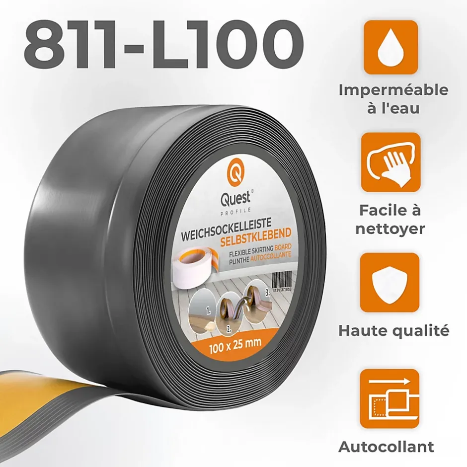 Plinthe Souple Auto-Adhésive en PVC 100x25mm, 25m, Bande Flexible, Facile à Installer, Adaptée à Toutes Surfac, gris foncé-Quest New