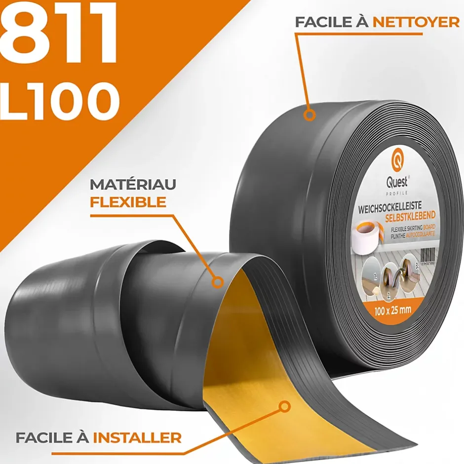 Plinthe Souple Auto-Adhésive en PVC 100x25mm, 25m, Bande Flexible, Facile à Installer, Adaptée à Toutes Surfac, gris foncé-Quest New