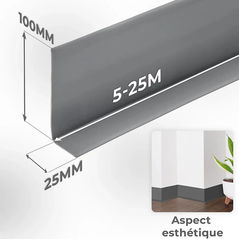 Plinthe Souple Auto-Adhésive en PVC 100x25mm, 25m, Bande Flexible, Facile à Installer, Adaptée à Toutes Surfac, gris foncé-Quest New