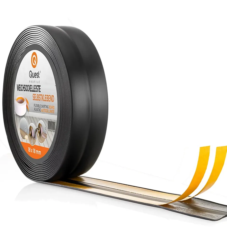 Quest Plinthe Souple Auto-Adhésive en PVC 18x18mm, 10m, Bande Élastique pour Finitions et Étanchéité des Jonctions, noir