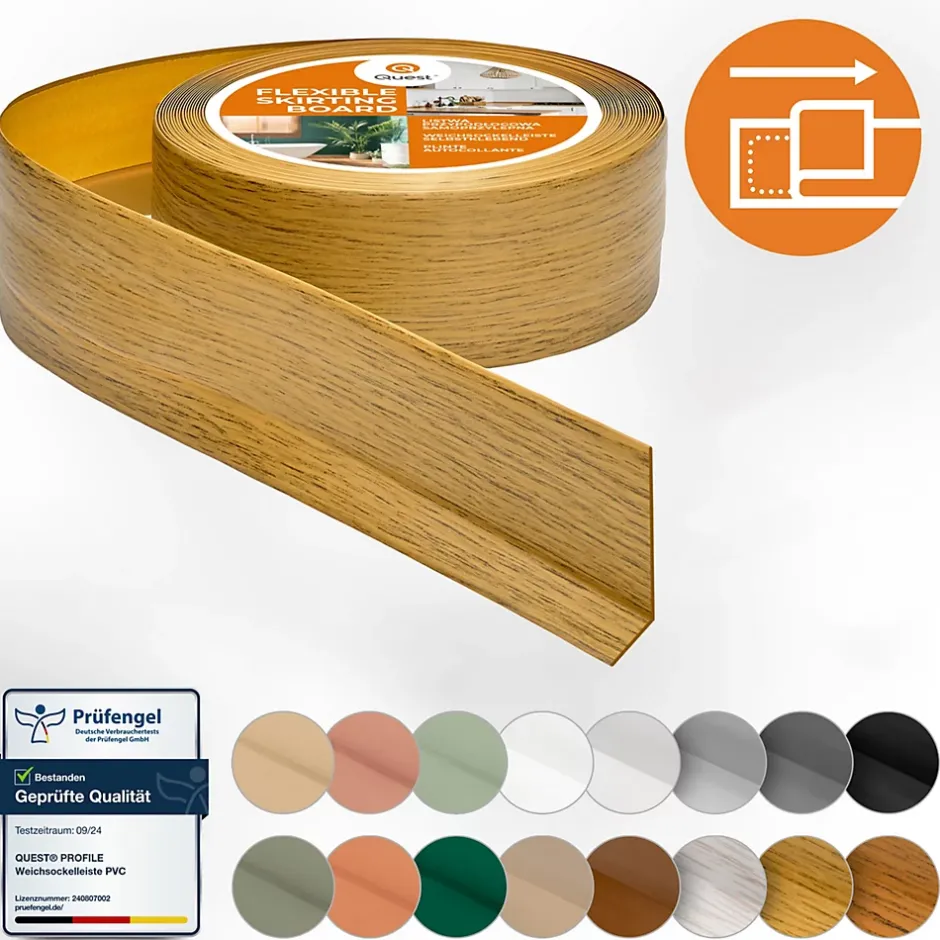 Plinthe Souple Auto-Adhésive en PVC 50x20mm, 25m, Bande Flexible, Facile à Installer, sur Toutes les Surfaces, chêne-Quest