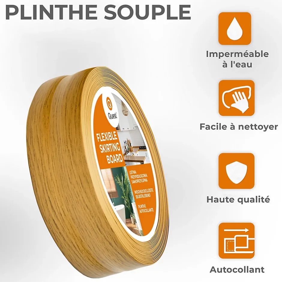 Plinthe Souple Auto-Adhésive en PVC 50x20mm, 25m, Bande Flexible, Facile à Installer, sur Toutes les Surfaces, chêne-Quest