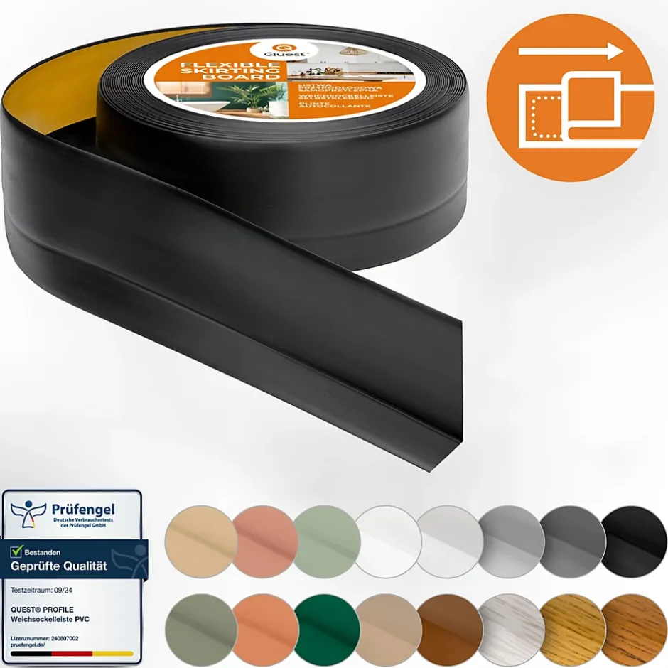 Plinthe Souple Auto-Adhésive en PVC 50x20mm, 5m, Bande Flexible, Facile à Installer, sur Toutes les Surfaces, noir-Quest Sale