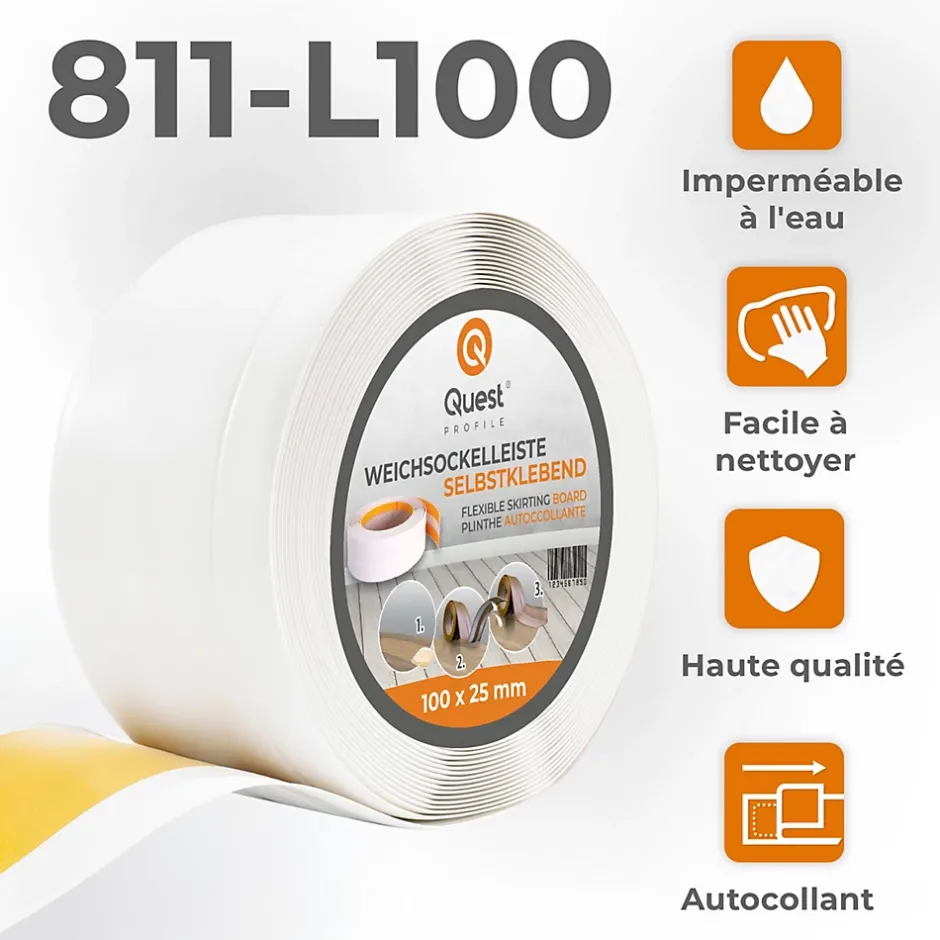 Quest Plinthe Souple Auto-Adhésive en PVC 100x25mm, 1m, Bande Flexible, Facile à Installer, Adaptée à Toutes Surface, blanc
