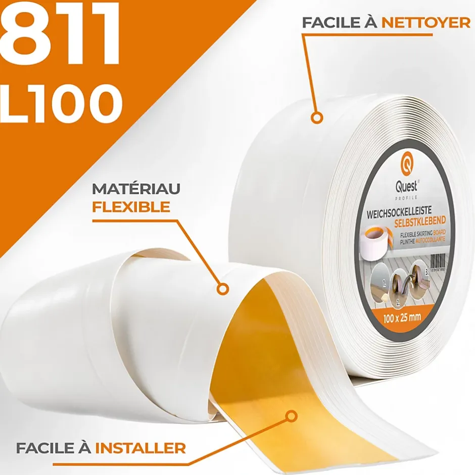 Quest Plinthe Souple Auto-Adhésive en PVC 100x25mm, 1m, Bande Flexible, Facile à Installer, Adaptée à Toutes Surface, blanc