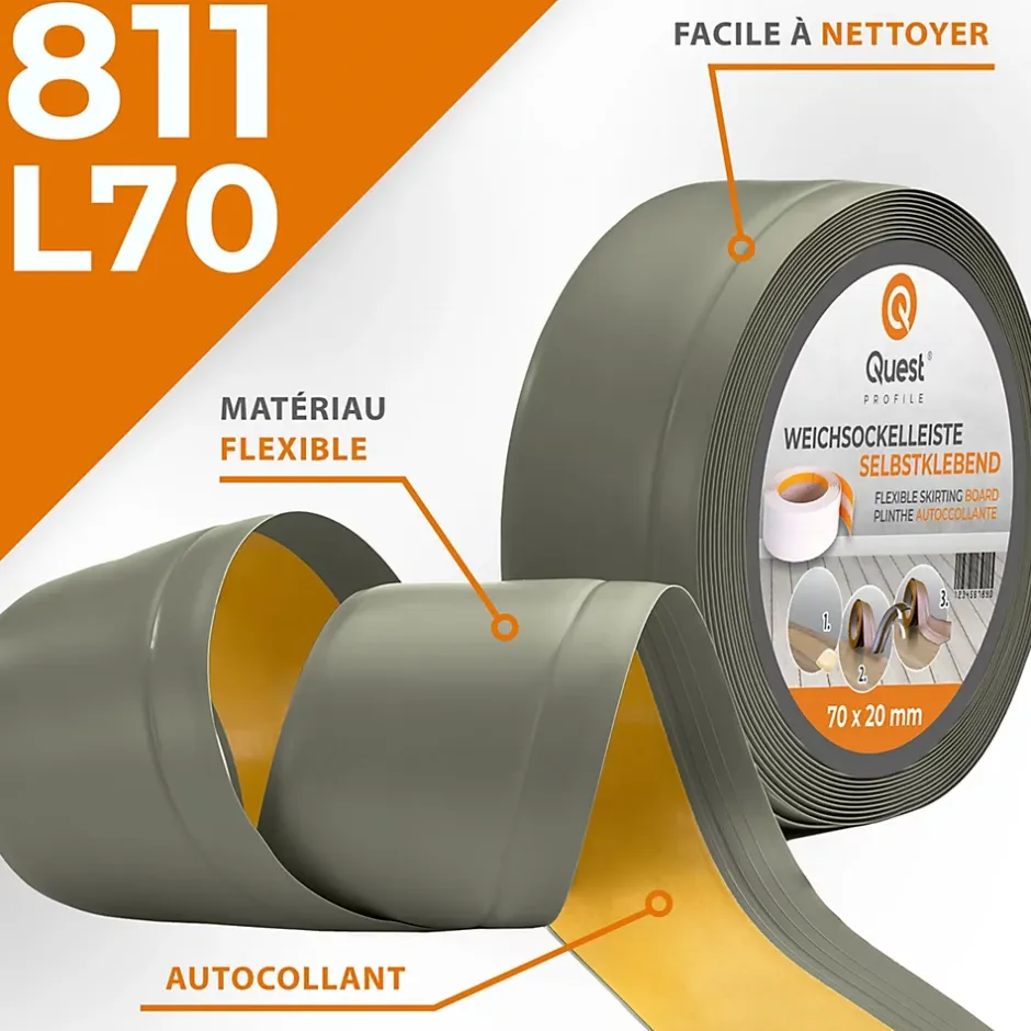 Plinthe Souple Auto-Adhésive en PVC 70x20mm, 10m, Bande Flexible, Facile à Installer, Adaptée à Toutes Surface, olive-Quest New