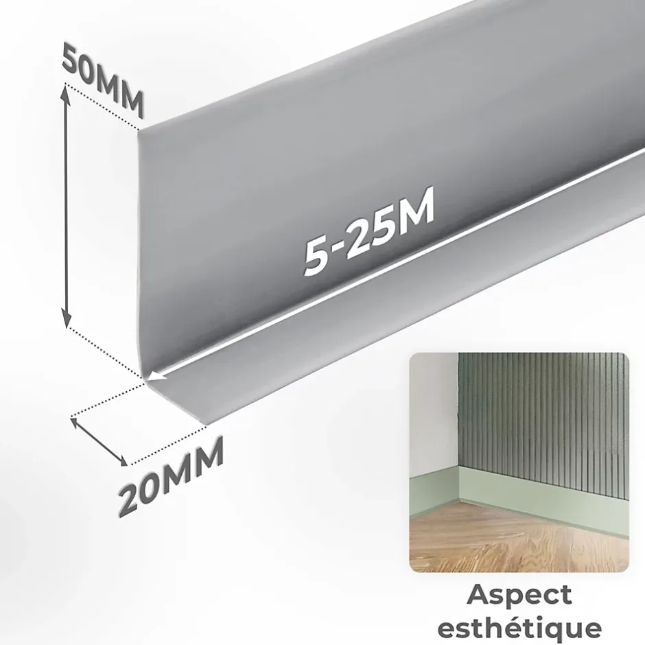 Plinthe Souple Auto-Adhésive en PVC 50x20mm, 5m, Bande Flexible, Facile à Installer, sur Toutes les Surfaces, gris-Quest Outlet