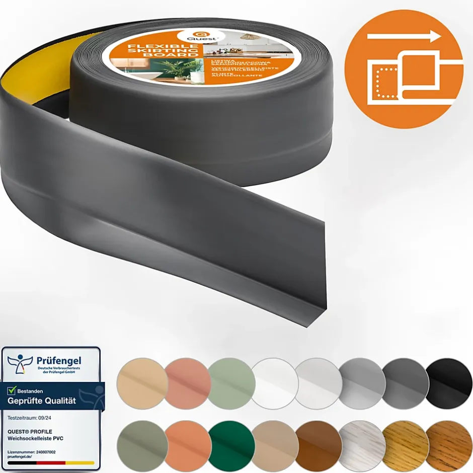 Plinthe Souple Auto-Adhésive en PVC 50x20mm, 5m, Bande Flexible, Facile à Installer, sur Toutes les Surfaces, graphite-Quest Online