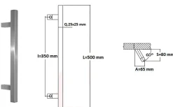 Hardwarexchange Poignée de tirage Carrée 25x25 mm - Entraxe350 - S80 - A65 - L500 mm - incliné 60 - INOX 304 poli