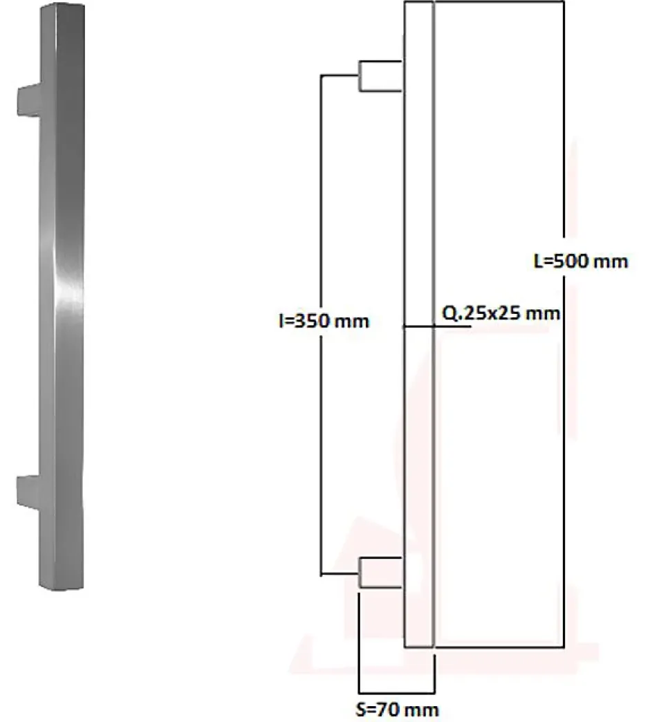 Poignée de tirage Carrée 25x25 mm - Entraxe350 - S70 - L500 mm - INOX 304 poli-Hardwarexchange
