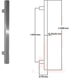 Hardwarexchange Poignée de tirage Carrée 25x25 mm - Entraxe350 - S70 - L500 mm - INOX 304 satiné