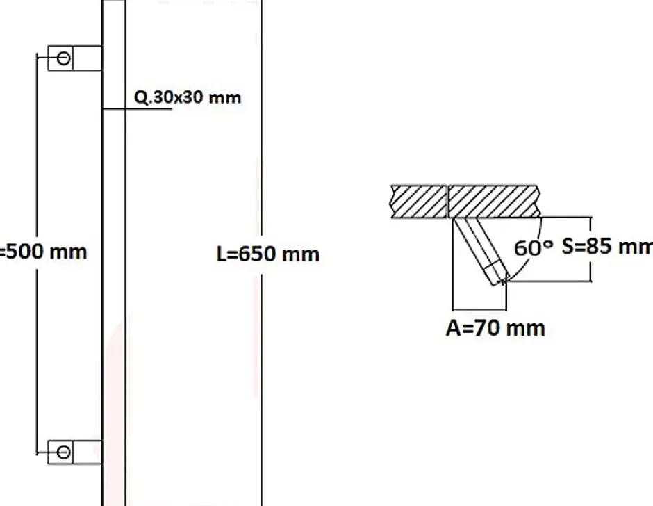 Poignée de tirage Carrée 30x30 mm - Entraxe500 - S85 - A70 - L650 mm - incliné 60 - INOX 304 Laqué RAL 9005 Noir Mat-Hardwarexchange Online