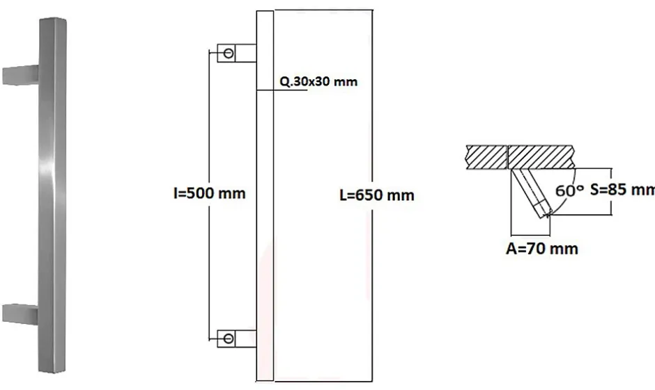 Poignée de tirage Carrée 30x30 mm - Entraxe500 - S85 - A70 - L650 mm - incliné 60 - INOX 304 Laqué RAL 9005 Noir Mat-Hardwarexchange Online