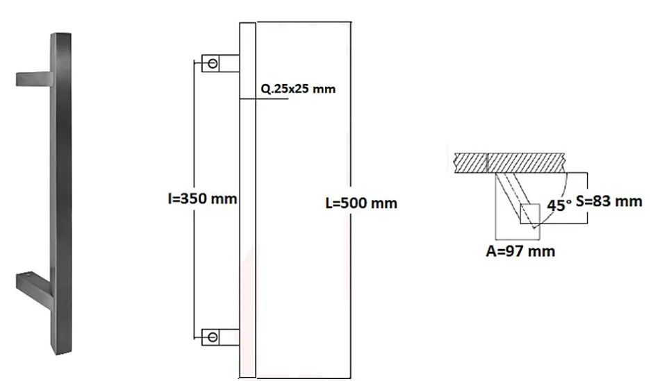 Poignée de tirage Carrée 25x25 mm - Entraxe350 - S85 - A70 - L500 mm - incliné 45 - INOX 304 Laqué RAL 9005 Noir Mat-Hardwarexchange Hot