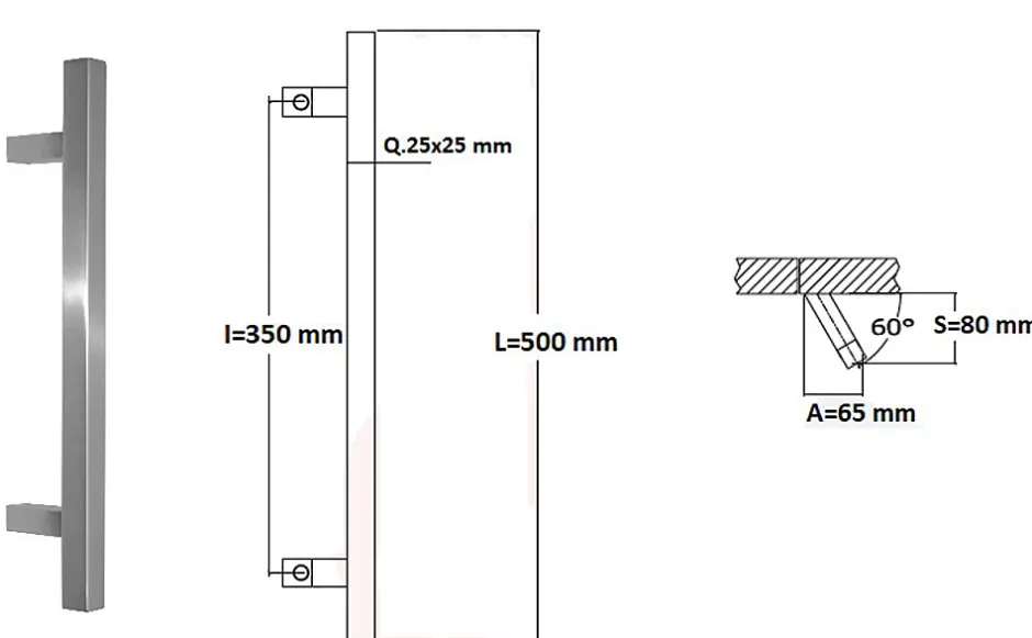 Poignée de tirage Carrée 25x25 mm - Entraxe350 - S80 - A65 - L500 mm - incliné 60 - INOX 304 satiné-Hardwarexchange Discount