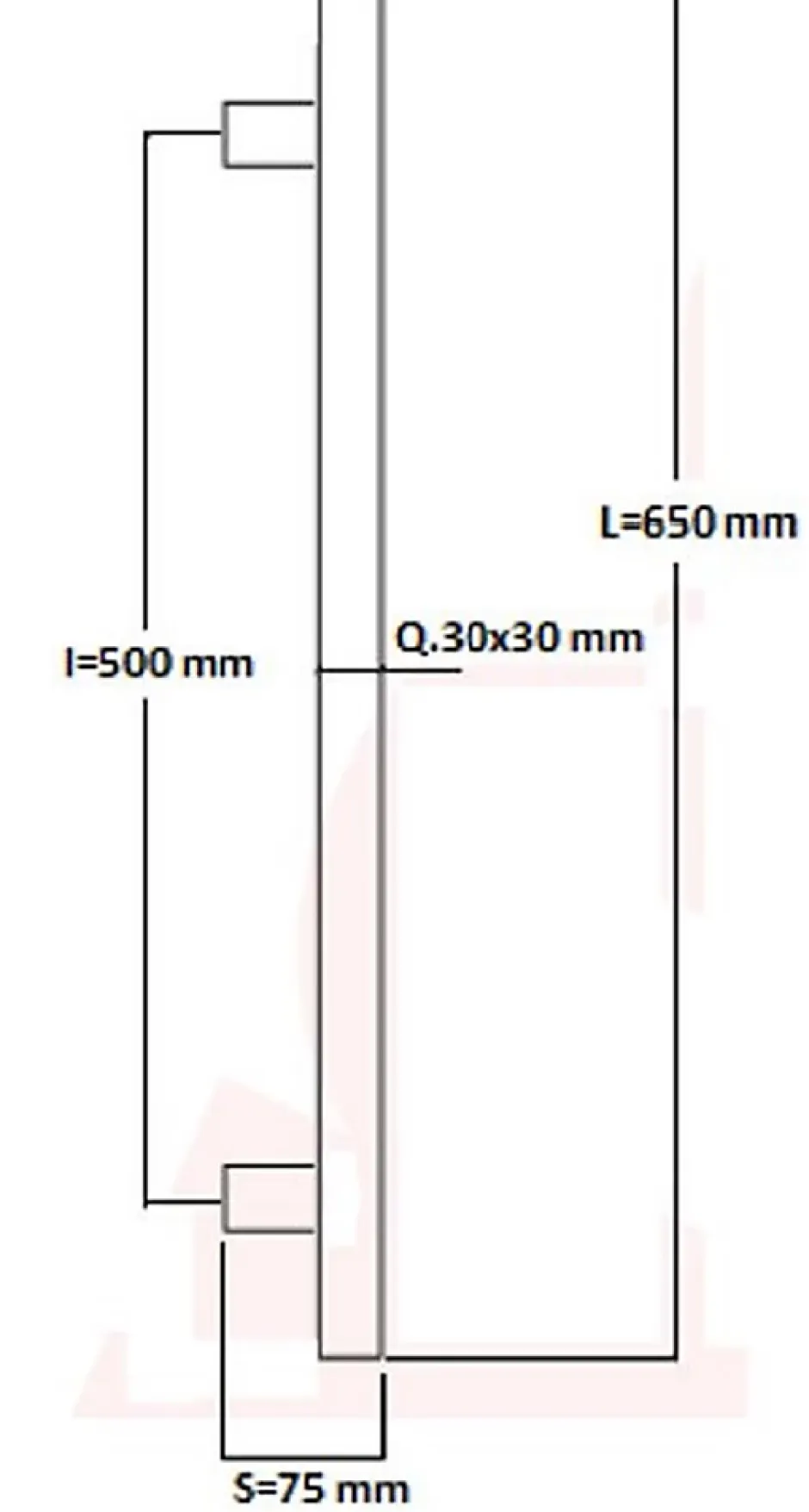 Hardwarexchange Poignée de tirage Carrée 30x30 mm - Entraxe500 - S75 - L650 mm - INOX 304 Laqué RAL 9005 Noir Mat