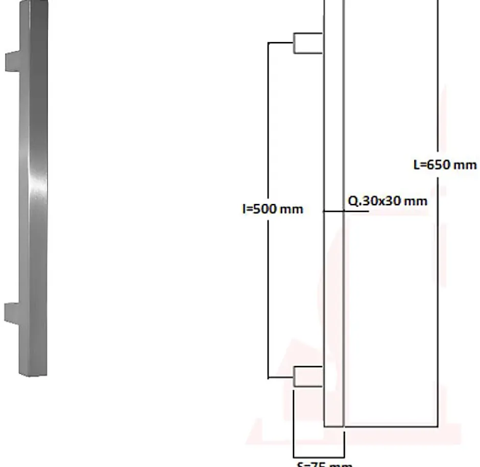 Hardwarexchange Poignée de tirage Carrée 30x30 mm - Entraxe500 - S75 - L650 mm - INOX 304 Laqué RAL 9005 Noir Mat