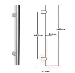 Poignée de tirage Diamètre 30 mm - Entraxe300 - S75 - L450 mm - INOX 304 satiné-Hardwarexchange Clearance