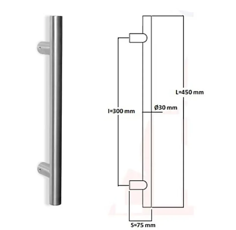Poignée de tirage Diamètre 30 mm - Entraxe300 - S75 - L450 mm - INOX 304 satiné-Hardwarexchange Clearance