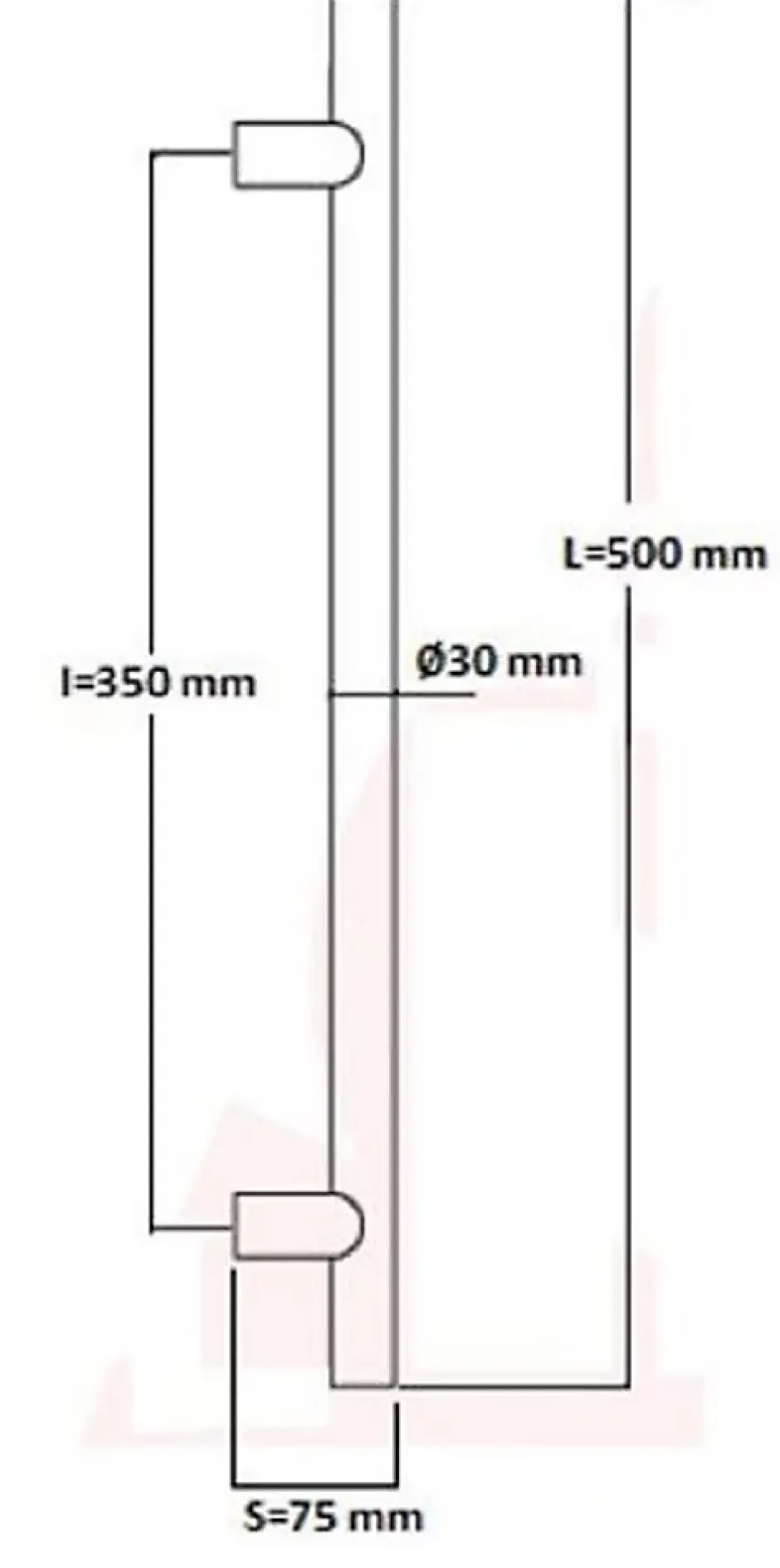 Hardwarexchange Poignée de tirage Diamètre 30 mm - Entraxe350 - S75 - L500 mm - INOX 304 Laqué RAL 9005 Noir Mat