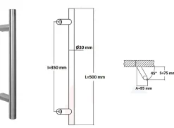 Hardwarexchange Poignée de tirage Diamètre 30 mm - Entraxe350 - S80 - A70 - L500 mm - inclinée 45 - INOX 304 poli