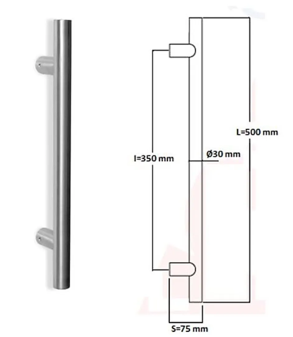Hardwarexchange Poignée de tirage Diamètre 30 mm - Entraxe350 - S75 - L500 mm - INOX 304 satiné