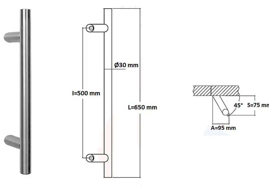 Hardwarexchange Poignée de tirage Diamètre 30 mm - Entraxe500 - S80 - A70 - L650 mm - inclinée 45 - INOX 304 Laqué RAL 9005 Noir Mat
