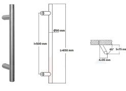 Poignée de tirage Diamètre 30 mm - Entraxe500 - S80 - A70 - L650 mm - inclinée 45 - INOX 304 poli-Hardwarexchange Best
