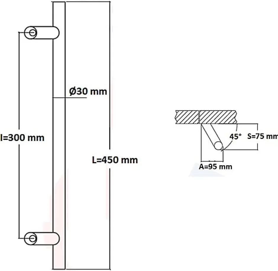 Poignée de tirage Diamètre 30 mm - Entraxe300 - S80 - A70 - L450 mm - inclinée 45 - INOX 304 Laqué RAL 9005 Noir Mat-Hardwarexchange New