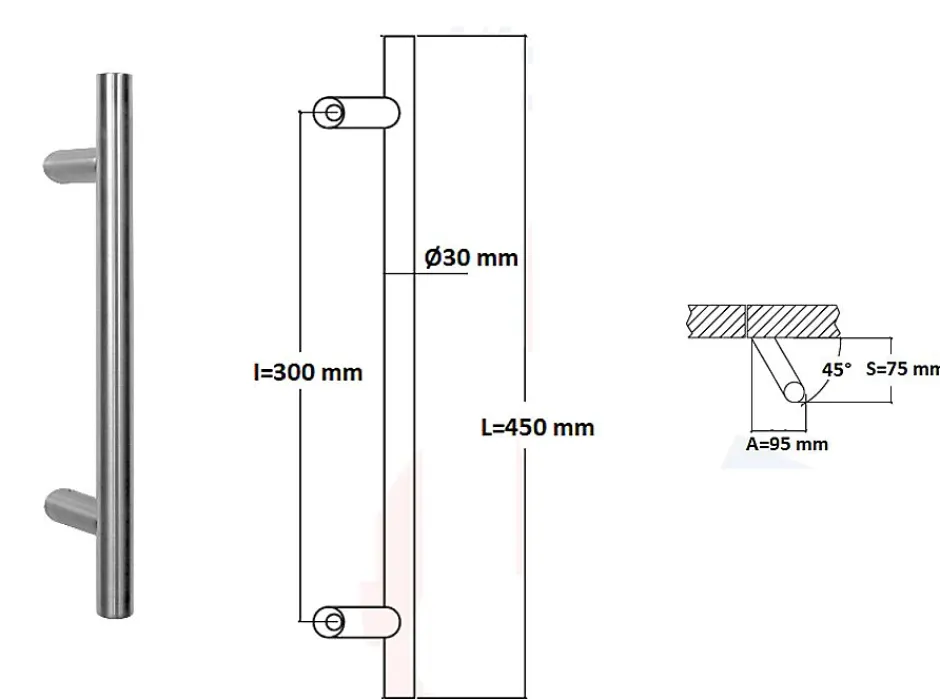 Poignée de tirage Diamètre 30 mm - Entraxe300 - S80 - A70 - L450 mm - inclinée 45 - INOX 304 Laqué RAL 9005 Noir Mat-Hardwarexchange New
