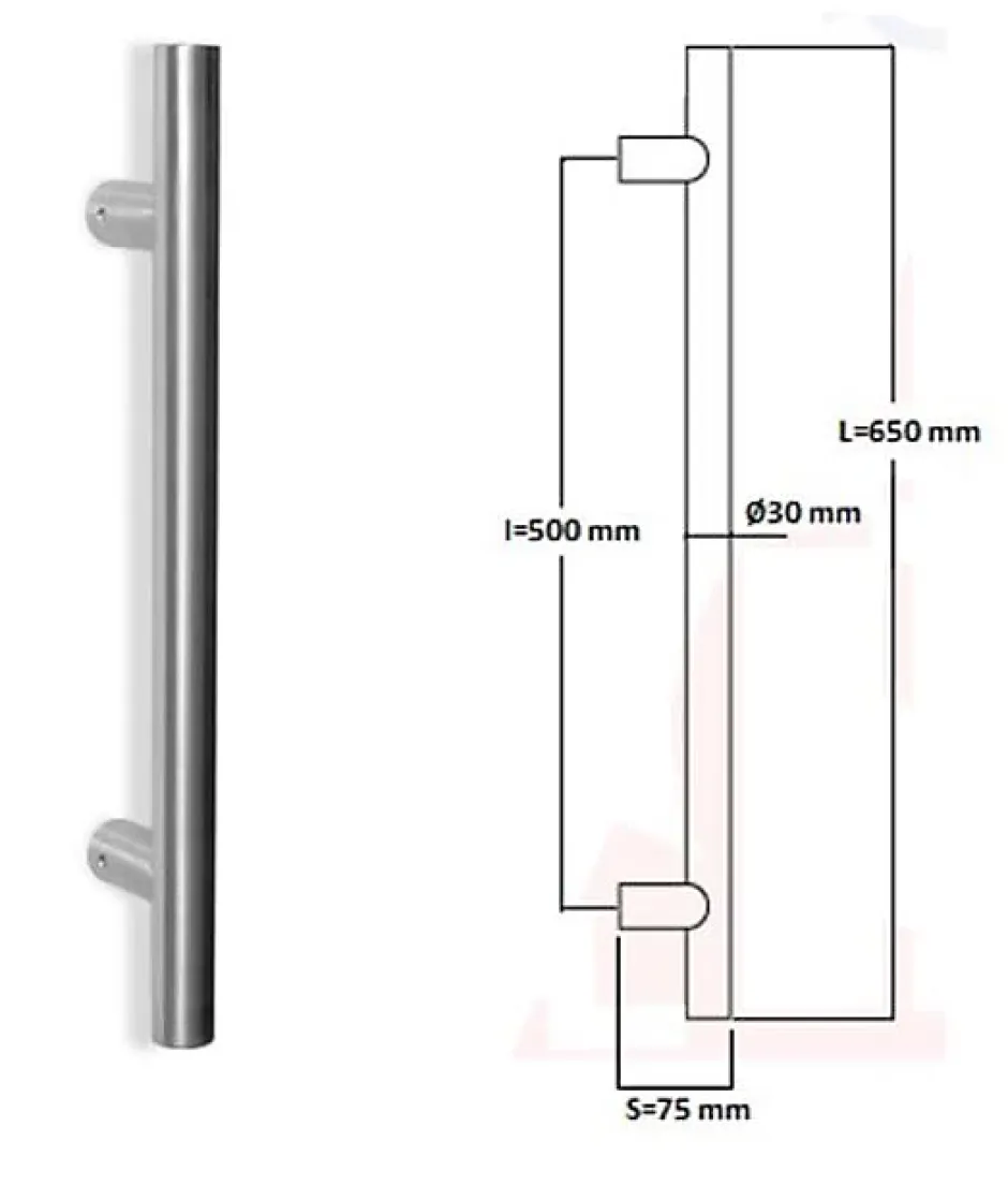 Hardwarexchange Poignée de tirage Diamètre 30 mm - Entraxe500 - S75 - L650 mm - INOX 304 poli