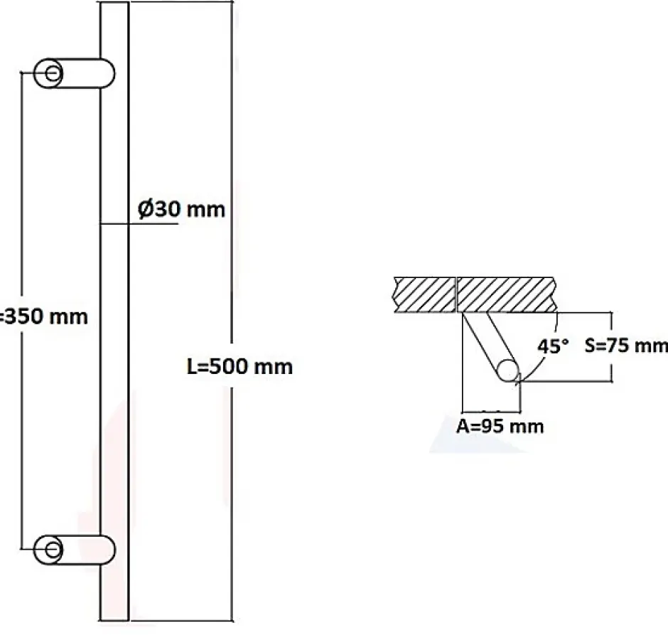 Poignée de tirage Diamètre 30 mm - Entraxe350 - S80 - A70 - L500 mm - inclinée 45 - INOX 304 Laqué RAL 9005 Noir Mat-Hardwarexchange Discount