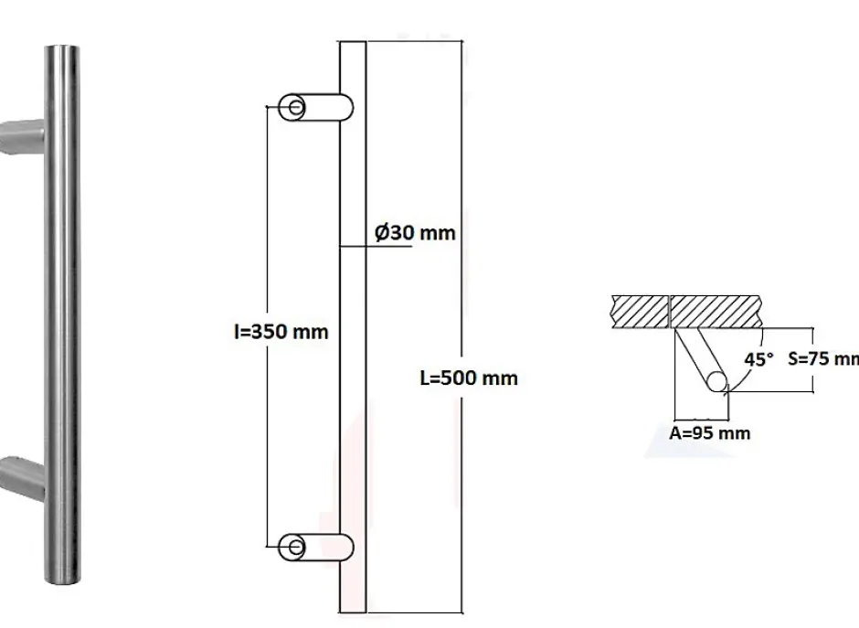 Poignée de tirage Diamètre 30 mm - Entraxe350 - S80 - A70 - L500 mm - inclinée 45 - INOX 304 Laqué RAL 9005 Noir Mat-Hardwarexchange Discount