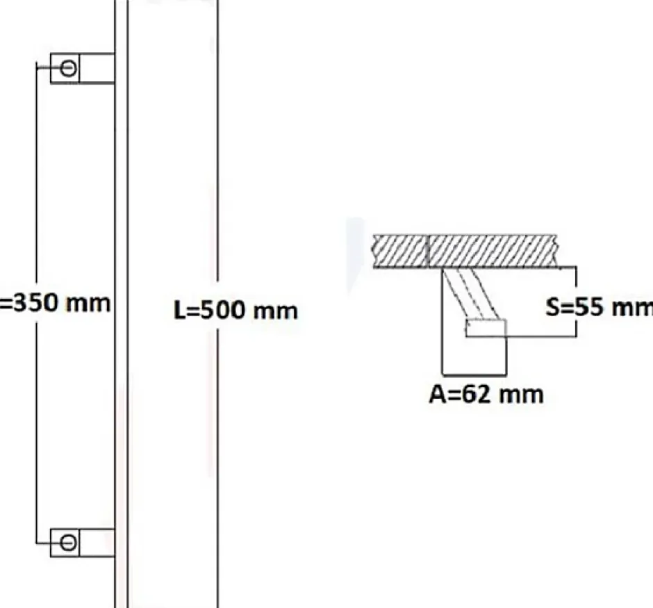 Poignée de tirage, inclinée 60, Rectangle 40x10 mm Entraxe 350 S 55 A 62 L 500 mm INOX 304 Laqué RAL 9005 Noir Mat-Hardwarexchange Online