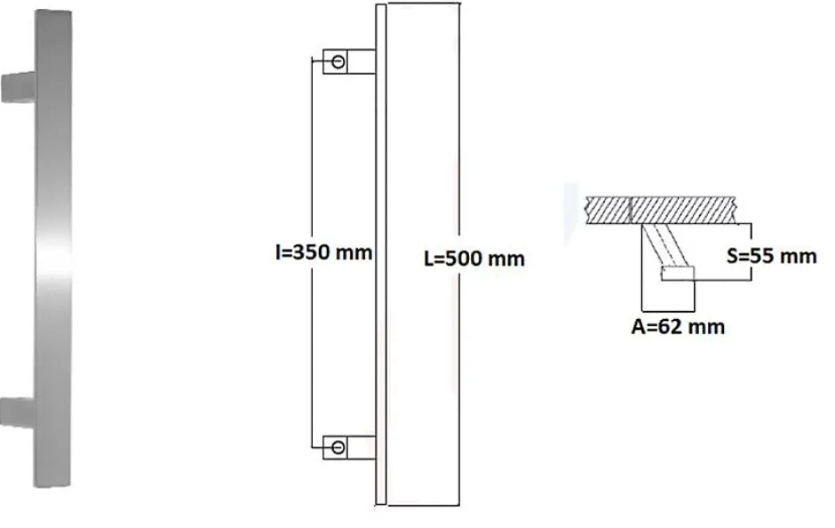 Poignée de tirage, inclinée 60, Rectangle 40x10 mm Entraxe 350 S 55 A 62 L 500 mm INOX 304 Laqué RAL 9005 Noir Mat-Hardwarexchange Online
