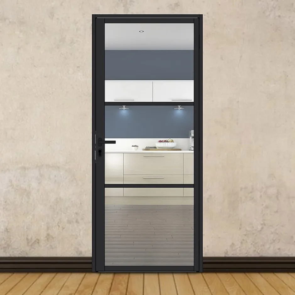 MySystem Porte battante noire H 2040 x L 830 mm - 3 verres clairs horizontaux + béquille noire