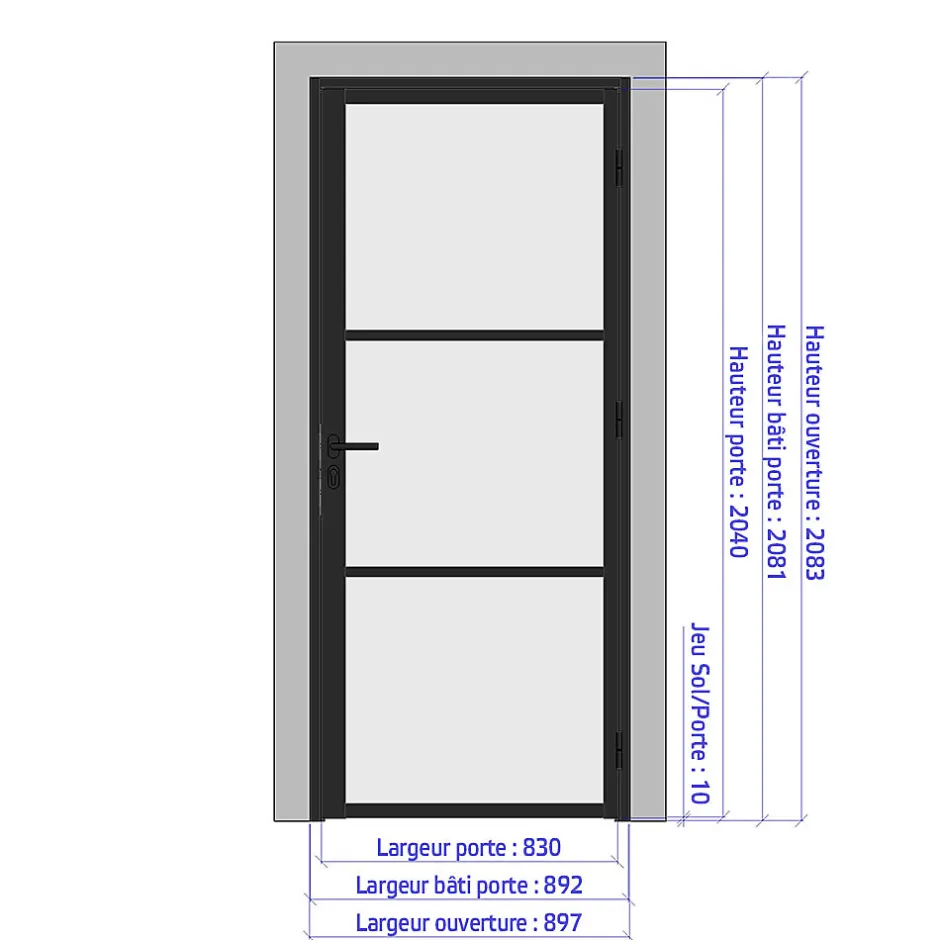 MySystem Porte battante noire H 2040 x L 830 mm - 3 verres clairs horizontaux + béquille noire