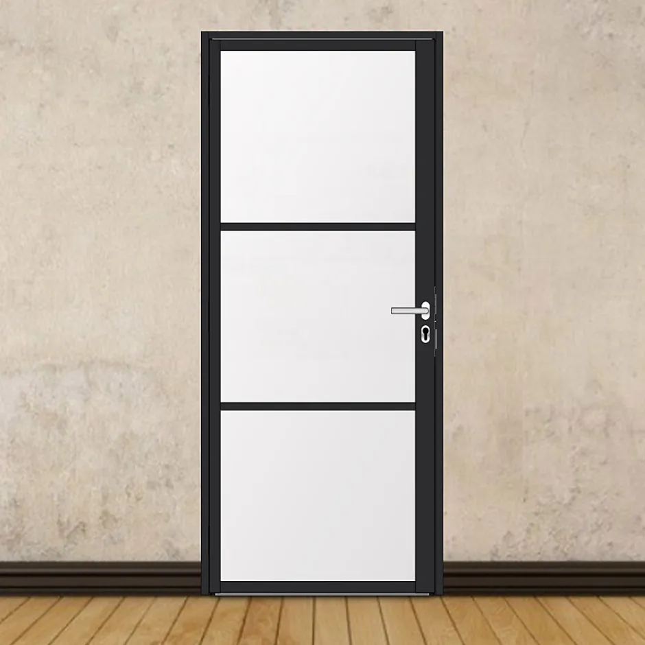 Porte battante noire H 2040 x L 830 mm - 3 verres opales horizontaux + béquille inox-MySystem New