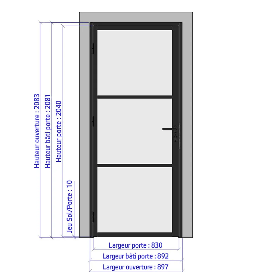 Porte battante noire H 2040 x L 830 mm - 3 verres opales horizontaux + béquille inox-MySystem New
