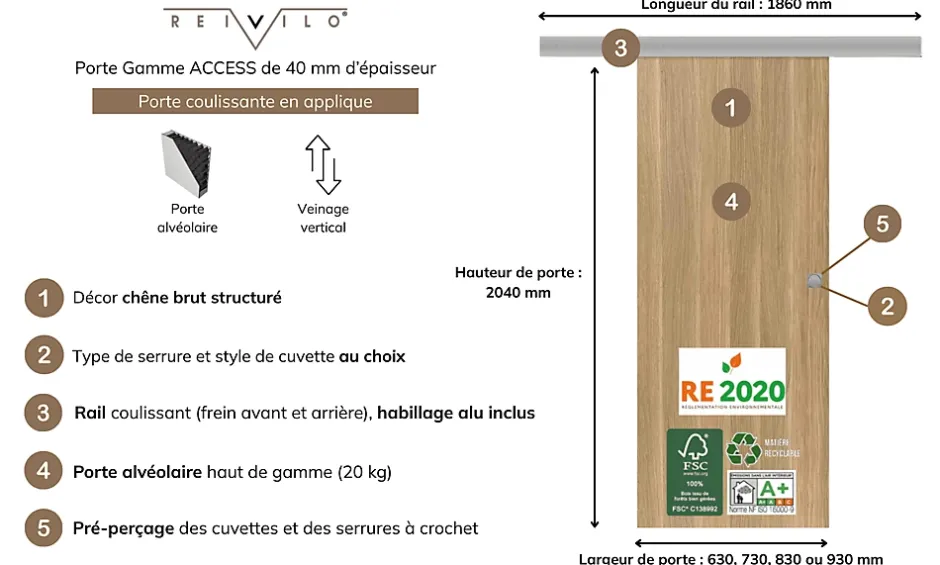 Reivilo Porte coulissante applique Matild 63 cm avec cuvette ronde chromée