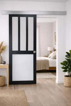 Gd Menuiseries Porte Coulissante Atelier Noir, Blanc Vitrée H204 X L73, Rail Alu, Coquilles